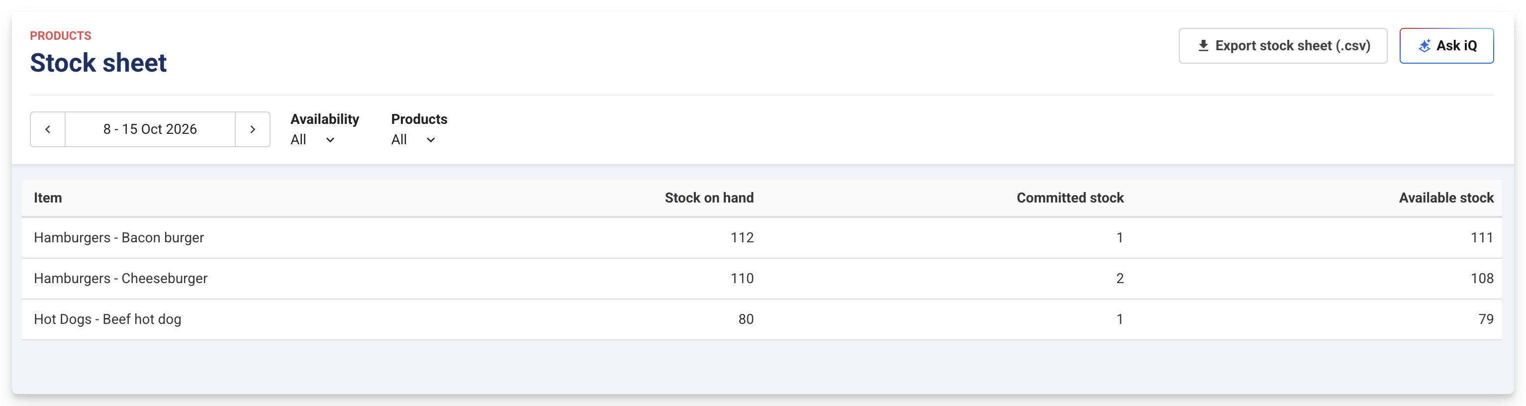 Stock sheet in Venue Manager showing stock on hand, committed stock and available stock for each item